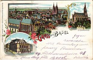 1899 (Vorläufer) Basel, Theater, St. Elisabethenkirche / general view, theatre, church. Julius Brann Art Nouveau, floral, litho (EK)