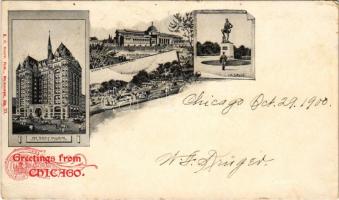 1900 Chicago (Illinois), The Temple Building, tram, Fields Columbian Museum, Grand Boulevard South Park, La Salle. E. C. Kropp Art Nouveau (small tear)