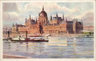 Budapest V. Országház, Parlament, gőzhajó. Cs. Kir. Szab. Duna-Gőzhajózási társaság kiadása s: Rud. Schmidt