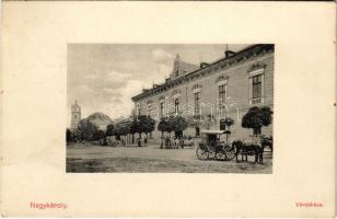 1914 Nagykároly, Carei; Városháza, hintó. Csókás Lászlóné kiadása / town hall, horse chariot