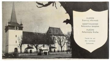 cca 1970 Bánffyhunyad, református templom, kihajtható illusztrált prospektus, román, magyar és német nyelven, 22×47 cm