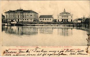 1904 Lugos, Lugoj; Kir. főgimnázium és színház. Nemes Kálmán tulajdona / school and theatre (gyűrődések / creases)