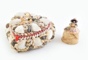 Szív alakú, kagylós ékszertartódoboz, benne kagylófigura, kopásokkal, d:14 cm, m: 8 cm