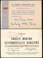 cca 1904-1940 4 db erdélyi témájú nyomtatvány: 1940 Erdélyi Szépmíves Céh köszönetét kifejező kártyája a felszabadult Kolozsvárról, gróf Bánffy Miklós, Kós Károly, Tamási Áron nyomtatott aláírásaival, 15x10,5 cm + 1938 Erdélyi Magyar Képzőművészeti Kiállítás, Nemzeti Szalon, meghívó + Kovács László (1892-1963) író, irodalomtörténész, szerkesztő, az Erdélyi Szépmíves Céh igazgatója, az Erdélyi Helikon szerkesztője, névjegykártya + 1904 EKE, Erdélyi Kárpát Egyesület, Kolozsvár, levélboríték