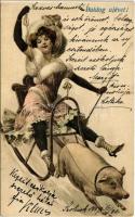 1907 Boldog újévet! Hölgy malac szánon, téli sport / New Year greeting, lady on pig sled, winter sport. litho
