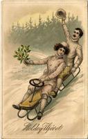 1915 Boldog újévet! szánkózó pár, téli sport / New Year greeting, sledding couple, winter sport. S.B. Special 3227. litho (EK)