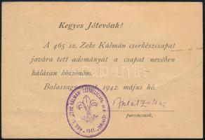 1942 Balassagyarmat, 465. Zeke Kálmán cserkészcsapat köszönő levele