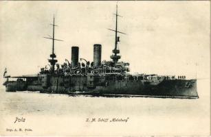 Pola, SMS Habsburg az Osztrák-Magyar Haditengerészet Habsburg-osztályú pre-dreadnought csatahajója + a hajó bélyegje / K.u.K. Kriegsmarine. SMS Habsburg / WWI Austro-Hungarian Navy pre-dreadnought battleship SMS Habsburg + stamp (EK)