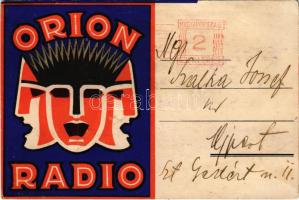 Orion Radio reklámja. Hátoldalon az Orion Rádió Iskola meghívója / Hungarian radio lamp and bulb advertisement. Orion Radio Schools invitation on the backside (r)