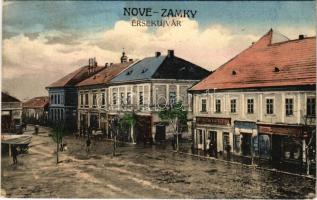 1921 Érsekújvár, Nové Zámky; tér, üzletek, illatszertár. Schulz Arnold kiadása / square, shops (EK)