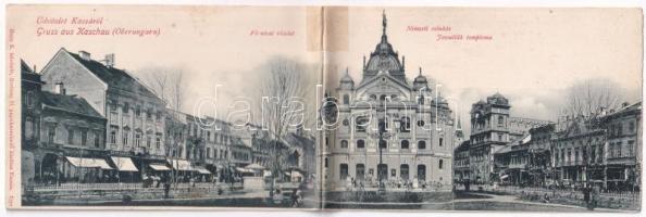 1900 Kassa, Kosice; Fő utca, Nemzeti színház, Jezsuiták temploma, Meisels Leo üzlete. Hajts K. felvétele. Breitner M. kiadása. 2-részes kihajtható panorámalap / main street, theatre, church, shops. 2-tiled folding panoramacard (r)