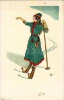 Winter sport art postcard, skier. litho (EK)