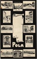 Pola, Pula; Mercado nuovo, Piazza del Foro, La Stazione ferroviaria, Via dell'Arsenale, Arena, Via Giulia, Tempio d'Augusto, Porta aurea, Porta Gemina, Bagno polese, Panorama / mozaiklap vasútállomással / multi-view postcard with market, railway station, amphitheatre, street view, tram, old gates, bath. A. Bonetti (lyukak / pinholes)