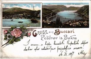 1897 (Vorläufer!) Bakar, Szádrév, Bukar, Bukkari, Buccari; Buccari vom Meer, Bucht von Buccari / látkép, öböl / general view, bay. Druck u. Verlag v. Louis Glaser Art Nouveau, floral, litho