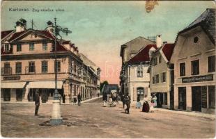 1914 Károlyváros, Karlovac; Zagrebacka ulica / utca, A. Juhajevcic üzlete, híd / street view, bridge, shops (EK)