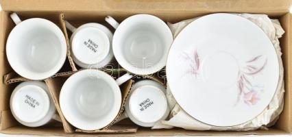 Kínai porcelán 6 személyes mokkás készlet, matricás, kis kopásnyomokkal, eredeti dobozában