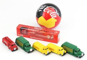 Coca-Cola tétel, 7 db: játék teherautók (2 zöld, 2 sárga, 1 piros), vegyes állapotban + karácsonyi kamion, bontatlan csomagolásban + focilabda formájú fém doboz