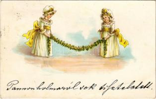 1899 (Vorläufer) Greeting card with girls and flowers. litho