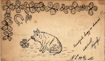1899 (Vorläufer) Kézzel rajzolt üdvözlőlap malaccal és lóherékkel / Hand-drawn greeting art postcard with pig and clovers. 2 Ga. (kis szakadás / small tear)