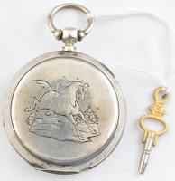 Ezüst (Ag) kulcsos zsebóra. Hibátlan számlap, szép állapotban, kulccsal, jelzett, működik d: 46 mm