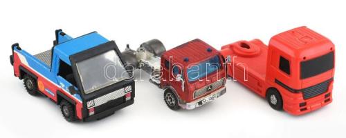 3 db játék teherautó, kamion, fém/műanyag, vegyes állapotban, h: 11 cm