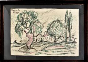 Frank Frigyes jelzéssel: Házak a fák mögött. Kréta, papír. Üvegezett fakeretben. 29,5x41,5 cm