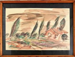 Frank Frigyes jelzéssel: Táj. Kréta, akvarell, papír. Üvegezett fakeretben. 29,5x41,5 cm