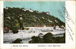 1902 Graz (Steiermark), Schloßberg u. neuer Mur-Quai / castle hill, riverside. Schneider & Lux (EK)