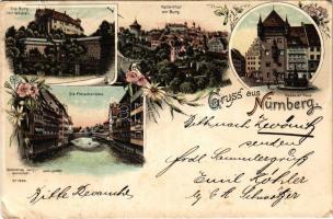 1899 (Vorläufer) Nürnberg, Nuremberg; Die Burg von Westen, Hallerthor mit Burg, Nassauer Haus, Die Fleischbrücke. Kunstverlag Lautz Art Nouveau, floral, litho (fa)