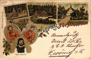 1899 (Vorläufer) Grünhain-Beierfeld, Gruss aus Fürstenbrunn. Heimstätte Förstel. Prinz Ernst, Prinz Albrecht, Köhler Schmidt / inn, restaurant, homestead. Winkler & Voigt Art Nouveau, floral, litho (fl)