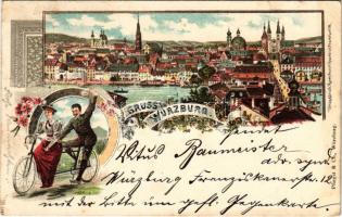 1899 (Vorläufer) Würzburg, general view, couple riding a tandem bicycle. Kunst-Anstalt Rosenblatt Art Nouveau, floral, litho (EK)
