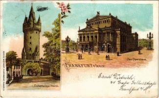 1899 (Vorläufer) Frankfurt am Main, Das Opernhaus, Eschenheimer Turm / operahouse, tower. Moritz Wieprecht Kunstanstalt Art Nouveau, floral, litho (EK)