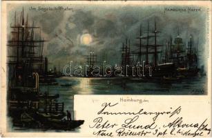 1899 (Vorläufer) Hamburg, Hafen. Im Segelschiffhafen / port at night. Kunstanstalt J. Miesler Art Nouveau, litho s: A. Heide (EK)