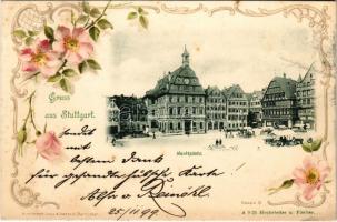 1899 (Vorläufer) Stuttgart, Marktplatz / market square. Kunstanstalt Lautz & Isenbeck Art Nouveau, floral, litho frame (EK)
