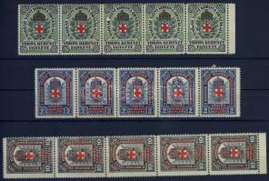 1914 Vöröskereszt Egylet levélzáró 3 klf. ötöscsík / Red-cross advertising label 3 diff.
