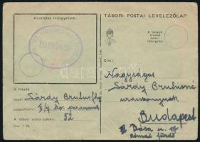 Sárdy Brutus (1892 - 1970) festőművész autográf tábori postai levelezőlapjha feleségének m. kir. 222/51 sz. honi zsidó munkásszázad parancsnoksága bélyegzéssel