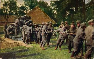 Der europäische Krieg 1914/15. Wirklichkeitsbilder vom Kriegsschauplatz Nr. 118. Aufstellen eines österreichischen 30,5 cm Mörsers / WWI Austro-Hungarian K.u.K. military, mortar cannon / Első világháborús osztrák-magyar katonák egy mozsár ágyú felállítása közben