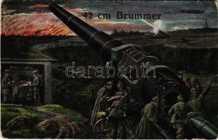 42 cm Brummer / WWI German military art postcard, cannon. L&P 1707. + "51. HAD. LÖVÖSZERTELEP 1. gyalog oszlop 2. szakasz Kramer O. főhadnagy" (EK)