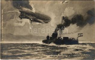 Vernichtung des italienischen Luftschiffes Citta di Ferrara durch das österr. ung. Marineflugzeug L48 am 8. Juni 1915. K.u.K. Kriegsmarine Seeflugzeug / WWI Austro-Hungarian Navy art postcard, destruction of Italian airship Citta di Ferrara by Austro-Hungarian Navy seaplane L 48, naval aircraft s: Alex. Kircher