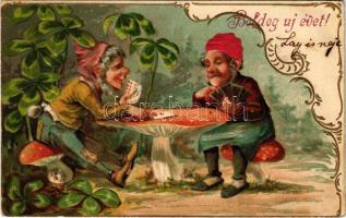 1906 Boldog új évet! Kártyázó törpék - dombornyomott / New Year greeting, dwarves playing card game. Trademark 302 S. embossed litho (EK)
