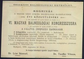 1896 Meghívó a magyar Balneológiai kongresszusra nyomtatványként elküldve