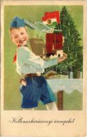 1950 Magyar szocialista úttörő karácsonyi üdvözlő propagandalap. Művészeti Alkotások / Hungarian socialist Christmas propaganda card
