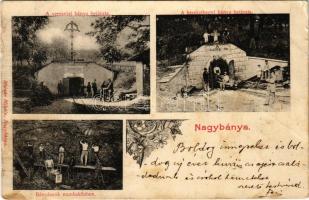 1904 Nagybánya, Baia Mare; Veresvízi és kereszthegyi bánya bejárata, bányászok munka közben. Molnár Mihály kiadása / mine entries, miners (fa)