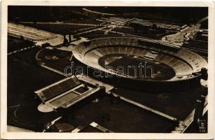 Olympische Spiele Berlin 1936. Reichssportfeld. Olympia-Stadion / 1936 Summer Olympics, Olympic Stadium, swastika flags + "Berlin Olympia-Schwimmstadion XI. Olympiade 1936" So. Stpl. (Rb)