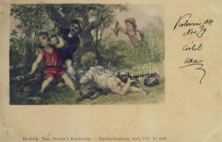 1899 Vadász gyerekek, szignós, Theo. Stroefer, Serie VIII. Nr. 5638., 1899 Hunting children, artist signed, Theo. Stroefer, Serie VIII. Nr. 5638.