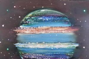 Máriási Masznyik Iván (1928-1997): Kék bolygó. Olaj, farost, jelezve jobbra lent, hátoldalon autográ...