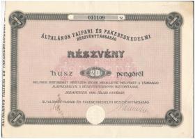 Budapest 1926. Általános Faipari és Fakereskedelmi Részvénytársaság részvénye 20P-ről, szárazpecséttel, szelvényekkel T:II-