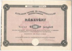 Budapest 1926. "Általános Faipari és Fakereskedelmi Részvénytársaság" részvénye 20P-ről, szárazpecséttel, szelvényekkel T:II-