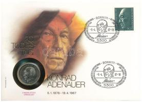 Német Szövetségi Köztársaság 1969D 2M "Konrad Adenauer" aranyozott Cu-Ni érmés borítékban bélyeggel, bélyegzéssel, német leírással T:1- FRG 1969D 2 Mark "Konrad Adenauer" gilded Cu-Ni in coin envelope with stamps and cancellations, with german description C:AU