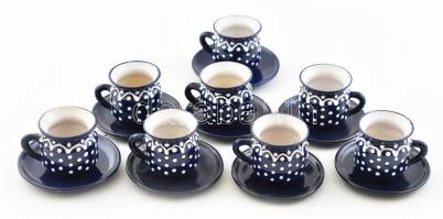 Retró kávés készlet, kobalték alapon fehér pöttyös, 8-8 db csésze és alj. Mázas kerámia, jelzés nélkül, mázrepedésekkel, kis lepattanásokkal, m: 6 cm, d: 10 cm